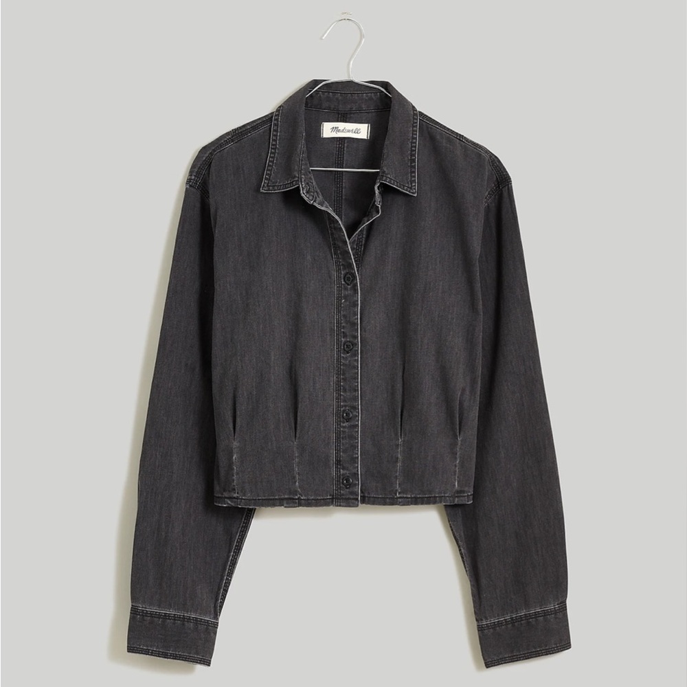 NWT Madewell Denim Pleated Cropped Button-Up Shirt, Lunar Wash, Sz S Small